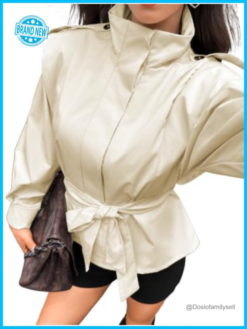 Cropped Trench Coat Button Down Funnel Neck Jacket